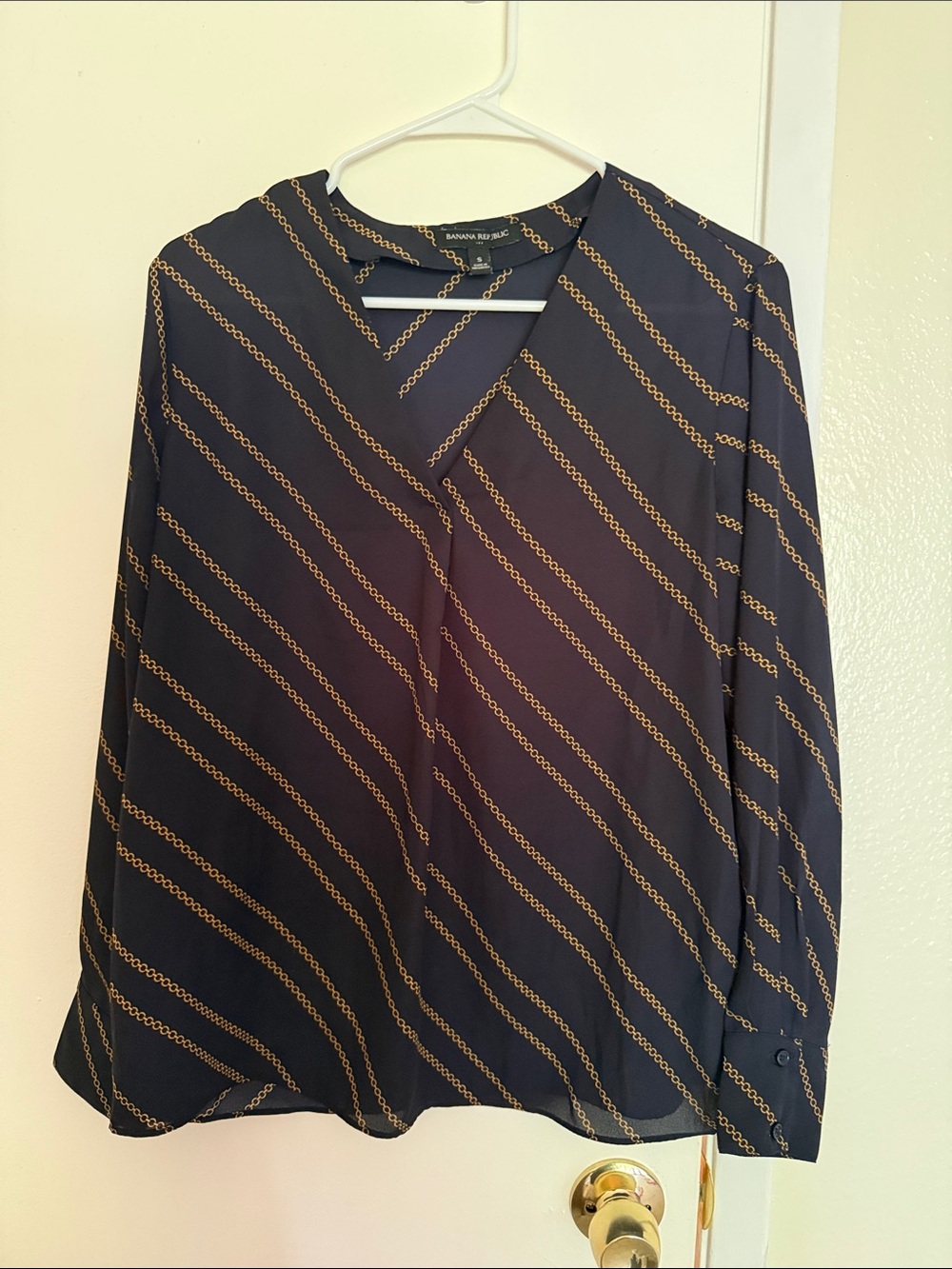 Banana Republic Black Blouse with Gold Chain Stripe